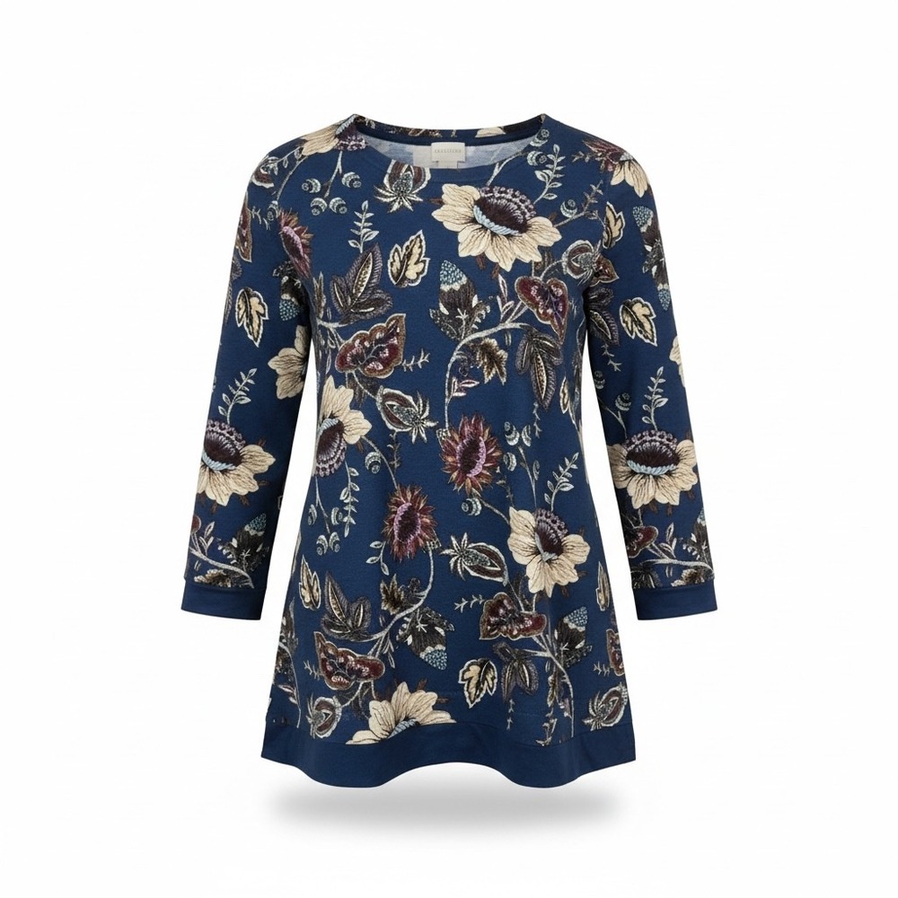 Chico's Blue Floral Tunic Top Cotton Blend Knit Satin Trim Size 1 M Long Sleeve